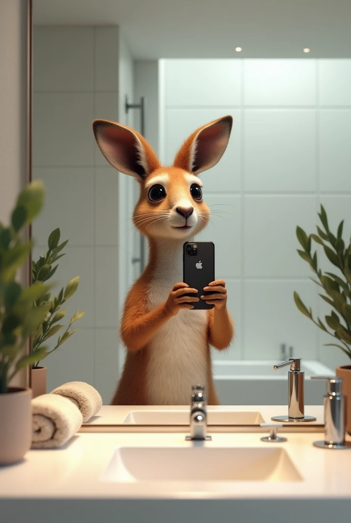 A kangaroo with iPhone 15 taking pictures in a bathroom mirror 