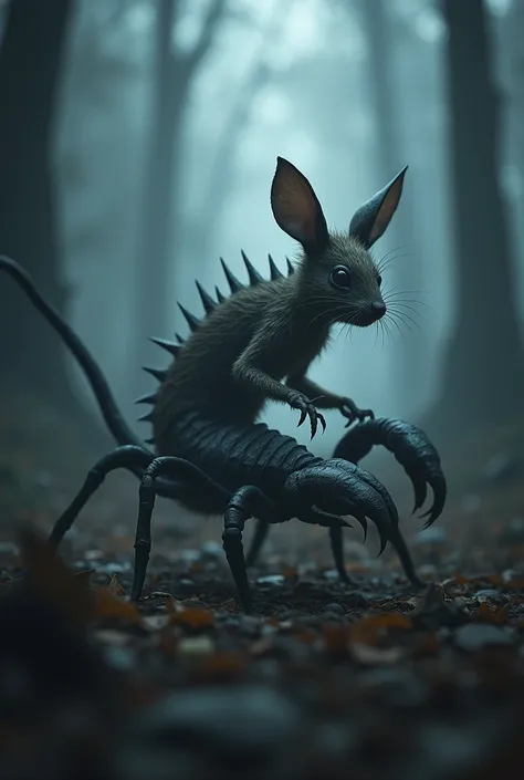 "In the heart of a dark, mist-filled forest at twilight, a nightmarish hybrid creature prowls—a fusion of a mouse, rabbit, and Scorpio. Its small, fragile mouse body is cloaked in soft fur, with long, twitching rabbit ears, but its lower half is dark and s...