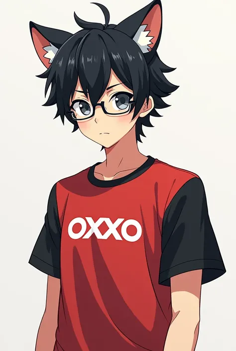 Un personaje anime tipo  mens hombre " black hair in the shape of cat ears" Oxxo " with glasses" " la mitad del cuerpo "  mens "in the shape of a man  "  and a red t-shirt with black sleeves and who has the. oxxo logo