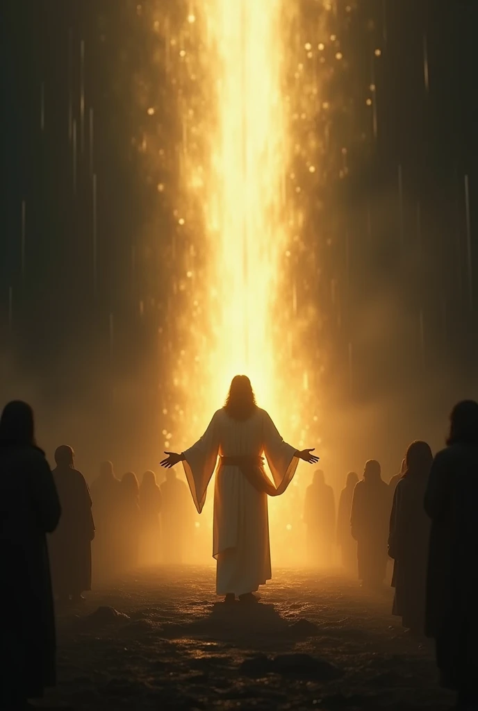 Create a scene with Jesus portrayed as a figure of light standing against a dark, shadowy background, embodying the contrast between light and darkness mentioned in John 3:19-21. Jesus is gently radiant, casting a warm glow that drives away the shadows, su...