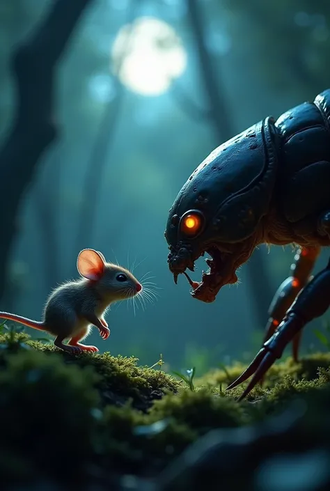 "In the depths of an eerie, moonlit forest, a small mouse and a fearsome Scorpio stand facing each other in a tense, silent standoff. The mouse, tiny and delicate with soft fur and wide, innocent eyes, is perched on a patch of moss, its whiskers twitching ...