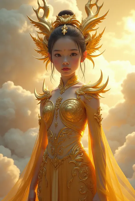 Create an image of a teenage girl in a golden dragon costume
