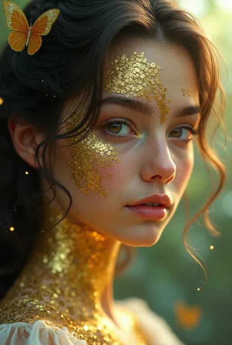 Create a teenager with golden scales on her face