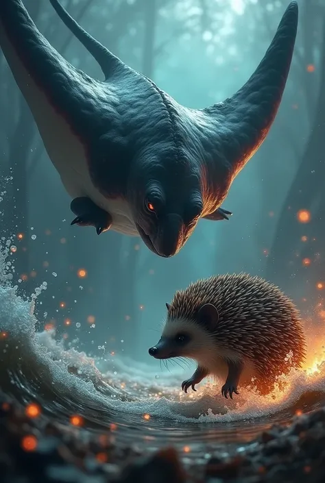 "Create an image of a manta ray and a hedgehog facing each other with intense, angry expressions. The manta rays body is spread out in a threatening manner, its large wings cutting through the water with power. The hedgehog, bristling with sharp quills, is...