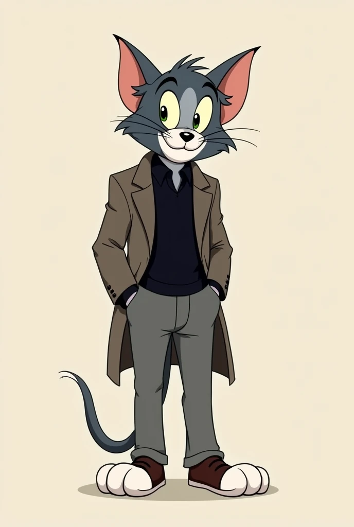 Tom Cat from Tom and Jerry Orignal  Show with Wearing Grey Pant coat and black dress shirt Looking towards Left with some Model style face and Cute Also 