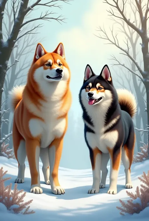 ♥"Create an image featuring an Akita on the left and an Akita Shepherd on the right. The Akita is depicted in a serene, snowy landscape, its thick fur standing out against the white backdrop, embodying its noble and dignified nature. On the right, the Akit...