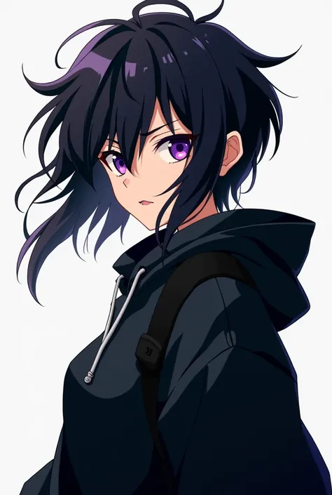 The woman in the anime My Hero Academia .  She is wearing a long black sweatshirt ,  has shaggy, sharp black hair and sharp purple eyes.  Anime drawing style My Hero Academia . 