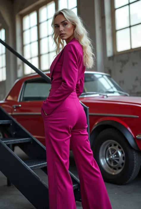 fashion influencer posing in front of a vintage car at an
urbaoman with platinum blonde hair cascading in waves over
her shoulders, wearing a vibrant fuchsia jumpsuit. The jumpsuit
should be tailored, with a structured fit, a cinched waist, and
long sleeve...