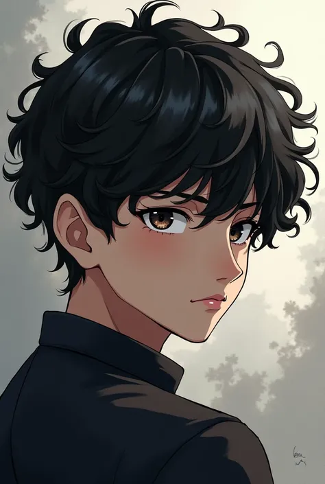 Serious teen boy with black hair and curled anime 