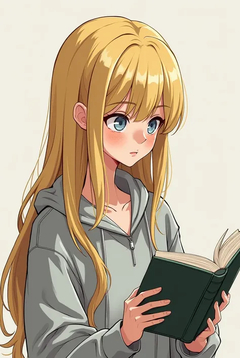 Blonde reading a book photo from the side and in a cartoon style long hair and supposed to be a young adult straight hair and blue-gray eyes in a tracksuit different facial expression and eyes focused on a book less realistic more cartoon eyes focused on a...