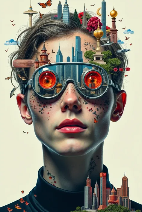  A human figure with kaleidoscope lenses in his eyes ,  through which the world is transformed into a mosaic of colors and shapes. around,  fragments of images are superimposed — scenes of nature , pop culture,  modern architecture — , creating layers of v...