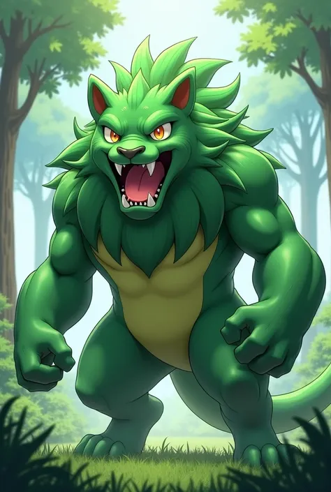 Pokemon, 3d anime, adult sabertooth, green fur, grass and dark type, have a big fangs