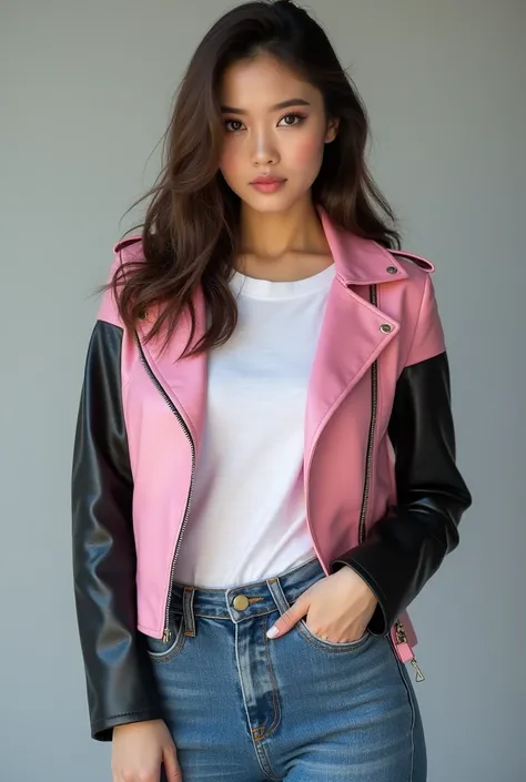 Beautiful asian woman in the pink leather jacket with black leather sleeves and white t shirt and jeans wide leg in the grey screen