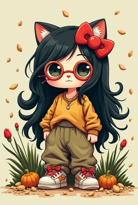 I want you to make a Hello Kitty in 2D with , seeds,   black hair and long streatwear-like clothes and with round transparent lenses 
