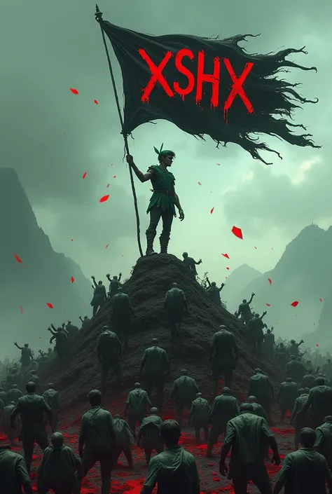 Peter Pan is standing on a battlefield , On a mountain of dead zombies and holding up a black torn flag stands in red letters : xSHx,  The battlefield is full of dead zombies and red diamonds  