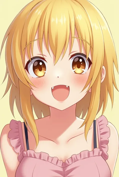 Smiling blonde girl with anime-style fangs