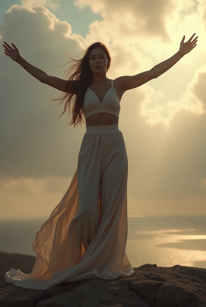 Image of a powerful woman, with her arms outstretched, dominating the world around her.  High-resolution full-frame camera, such as a Sony A7R IV or Canon EOS R5.
Lens: High-quality wide angle, such as a 16-35mm f/2.8 or a 24-70mm f/2.8, to capture the sce...