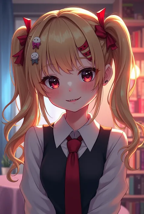 20 year old blonde girl with long pigtails smiling showing her fangs with black eyes against an anime-style room background