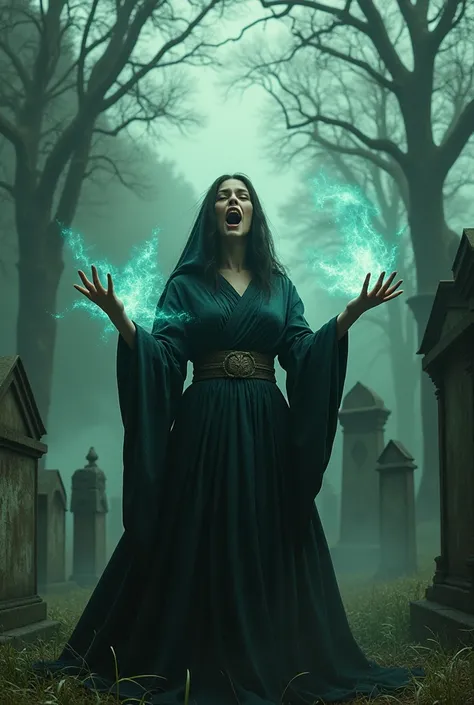 a female sorceress in the foreground casts a spell by screaming upwards, around her some male and female souls rise into the air, the background is a gothic cemetery,Masterpiece, High Resolution, Accurate, Anatomically Correct, Best Quality, Super Detailed...