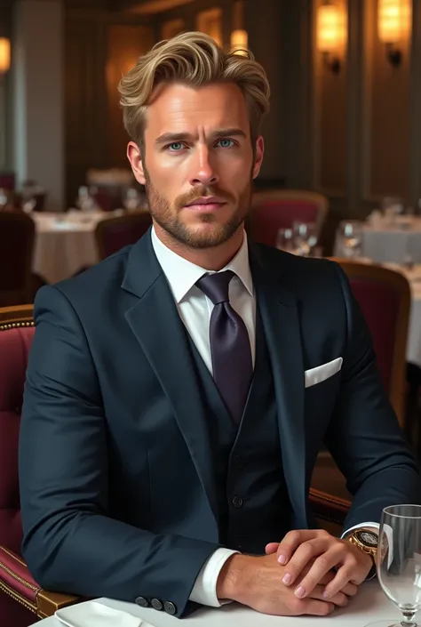  hyperrealistic , 8 k,  Photorealistic ,  x} male CEO of , sitting at a table in a luxury restaurant .  A man in a suit with a tie ,  under the jacket, the vest ,  suit and accessories are very expensive . Full-length paint . age: 38 years old. height: 190...