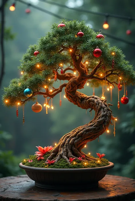  High resolution,  masterpiece , necessary, Detail, Details altos, HD model,  lyrics, curved bonsai decorated with Christmas lights and ornaments
