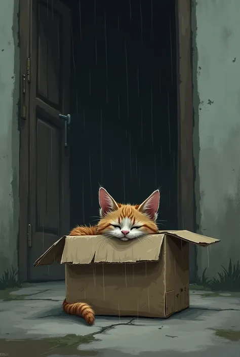 A sad cat has been abandoned at the door of an orphanage inside a broken cardboard box