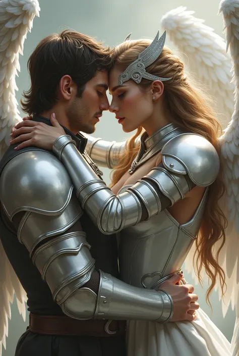 Beautiful winged angel woman embracing her human male boyfriend from behind, The angel woman is wearing silver armor and wears a helmet that covers half of her face,  you can see her mouth exposed , She is resting her shoulder on him ,  the image is very b...