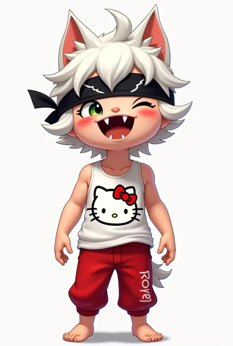 White hair with little ears ,
 A band around the eyes of the black cloth,  a smile with sharp teeth ,  a white tank top from Hello Kitty ,  red pants from Hello Kitty , male

