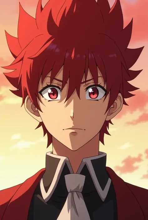 screencap,Anime shounen, a young man with big soft red hair spiked upwards, with eyes that are also red and soft , with large and expressive and thin eyes , friendly face, friendly eyes , with a thin face and eyes also , thin and soft eyebrows , with majes...