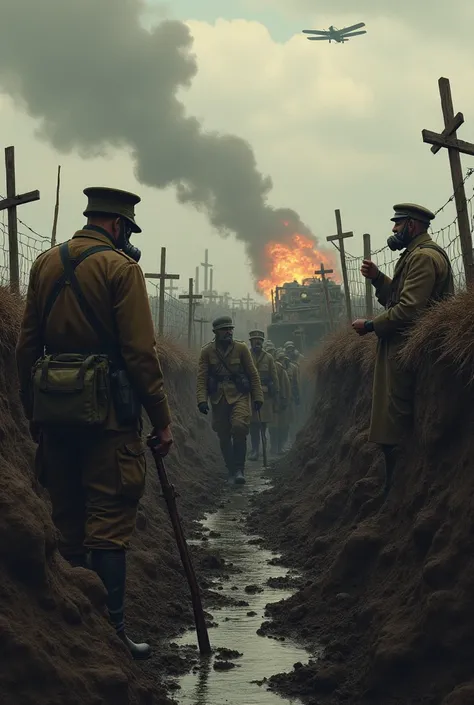  To capture the relevance of the First World War in an image ,  I want to show a scenario of trenches :  desolate lands under a cloudy and heavy sky , with mud, barbed wire ,  and sandbags along these trenches ,  symbolizing the confinement and wear and te...