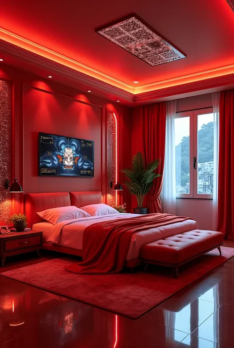 (photorealism:1.2), a mix between a European bedroom and a cyber futuristic bedroom with the color theme red