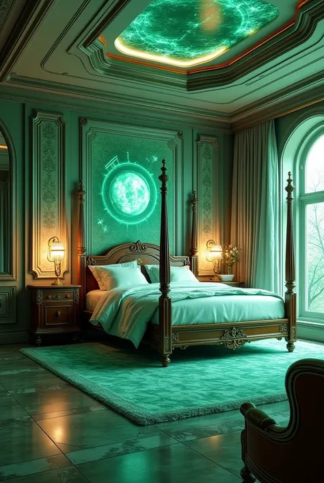 (photorealism:1.2), a mix between a European bedroom and a cyber futuristic bedroom with the color theme green