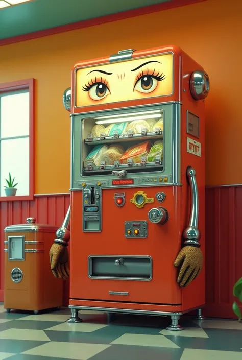 50s style vending machine with face and wearing gloves