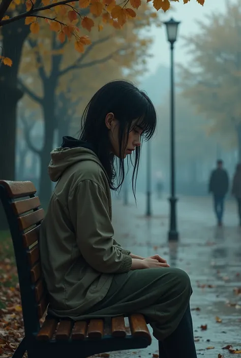  The girl was sitting on a bench in the light autumn rain .  Drops were flowing down her hair ,  mixing with tears ,  but she didnt even try to hide . It was empty ,  only wet leaves rustled under the feet of rare passers-by outsiders.  Her eyes were fixed...