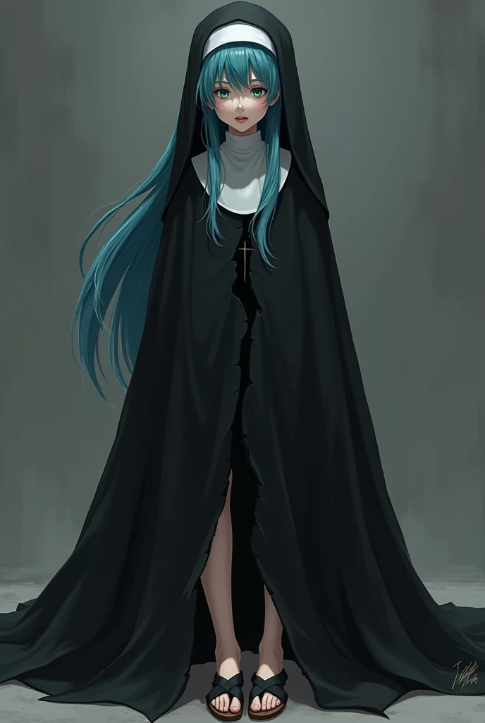 Generate Miku in black nun clothes and that he is torn on one side where his pants can be seen and that he wears sandals