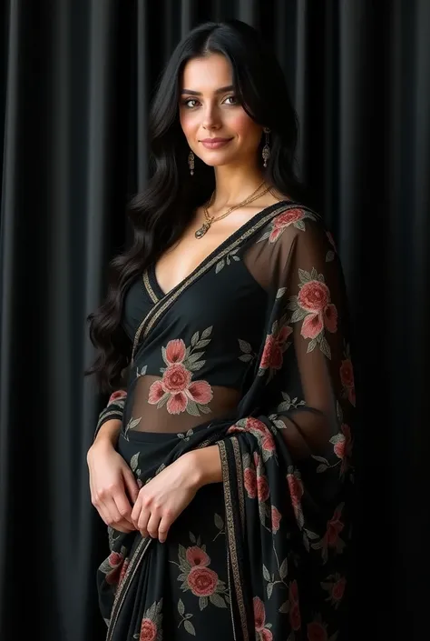 A beautiful young Russian woman long black wavy hair softly smiling huge breast wearing black floral saree standing with wall background black curtains in luxury apartments 