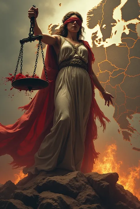  themis with his scales crushing a people . Blindfolded by a bloody shroud .  in the background the map of Europe torn and on fire