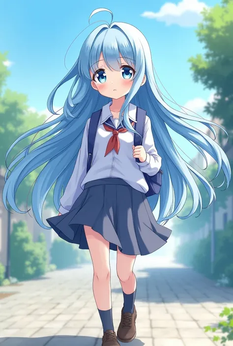 girl with light blue hair ,  long and smooth
Bright blue and blue eyes, Walking 
with backpack
In the UA uniform