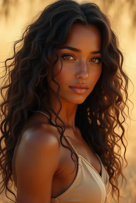   generate for me an image of a woman with an athletic and tan body that is kind of golden in the sun.  She must have wavy dark brown hair, almost like a very curly curly, and she must have half-golden amber eyes with almond but penetrating and imposing,  ...