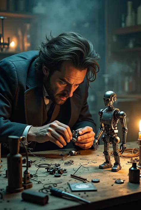 a mad scientist in his laboratory creating a robot