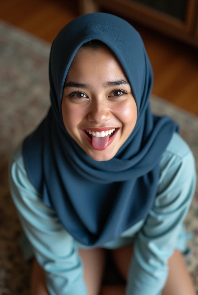 Malay teen girl ,smiling, lipstick, without wearing blue underwear , looking at viewer, aroused, blush, interior of a fancy bedroom, on floor, sitting, from_above, mouth open, tongue out, saliva, extreme detail, masterpiece, beautiful quality,highly detail...