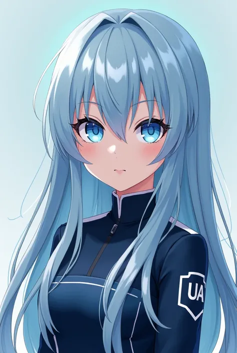 girl with light blue hair ,  long and smooth
Bright blue and blue eyes, Stop talking
In the UA uniform