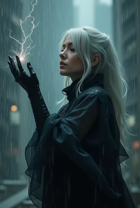 Detailed moment. Lady full in dress make from dark smoke material, her white eyes turn up,  tan skin, ((Main focus the Lady turn up her protheses hand and from air in her hand fall  electric energy)). Black rain fall on White hairs,  Location  magical spla...