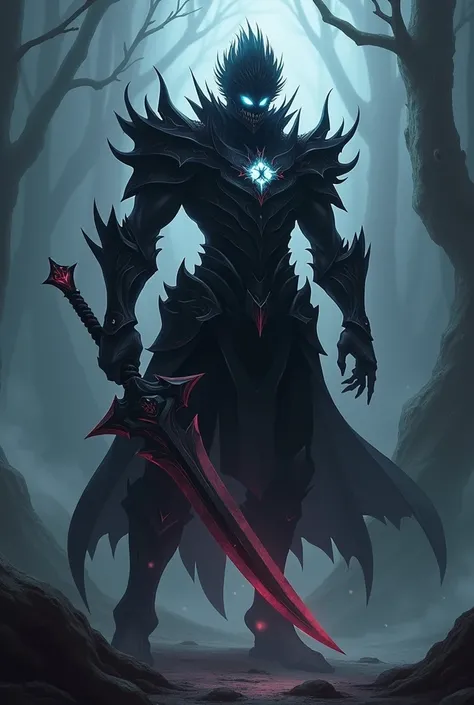 Create a scary looking bladeknight with glowing eyes with a hairstyle like Gusion of Mobile legends