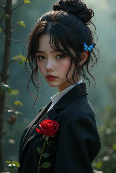   brown-black hair  , black eyes, light skin, goose egg face,  atmospheric facial features, high, Confident and powerful,  toned and plump ,  high school girls ,   school uniform, curly hair,  hair bun , with hair clip , red rose, blue butterfly, White rab...