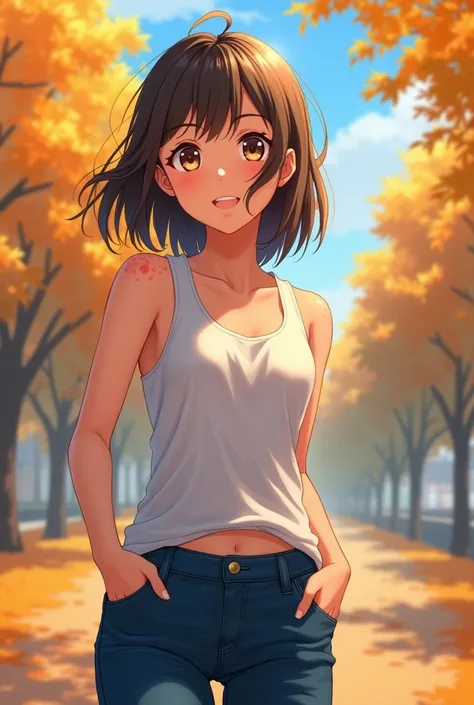 Anime girl wearing sleeveless white tank top, dark blue jean pants and running shoes. Shoulder length hair, tan skin. Out at a park during fall feeling chilly