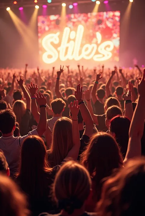 large varied stiles concert crowd looking at camera with wide angle, hands up and happy faces