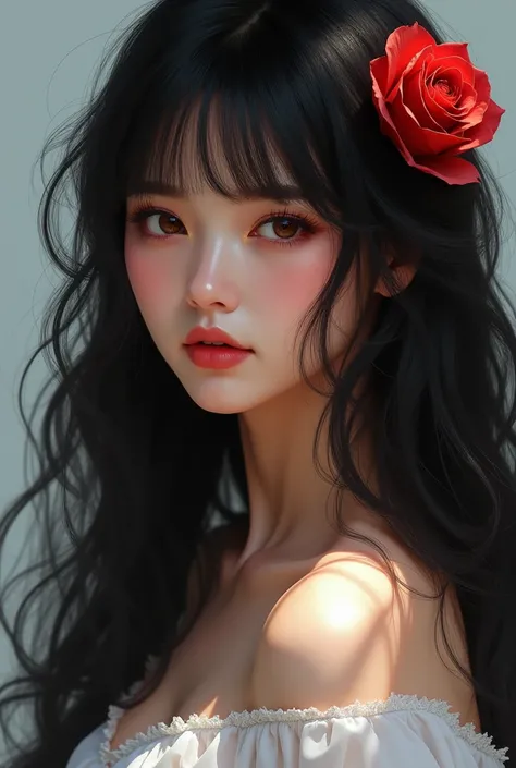 woman with dark and long hair, with bangs,  brown eyes, white pele, with a rose in her hair, beautiful fantasy portrait, beautiful fantasy art portrait, 8k soft portrait photo, beautiful digital art, fantasy portrait, Loish e Wlop, 🌺 CGSociety, realistic d...