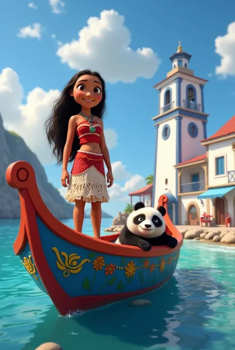 Generate an Image in Disney style where baby Moana stands on a red and blue boat. Her cute little panda is sleeping on the boat. The boats name written on the side of the boat is Ostro. The boat is in a typical mediterranean scene in a beach in Monopoli wi...