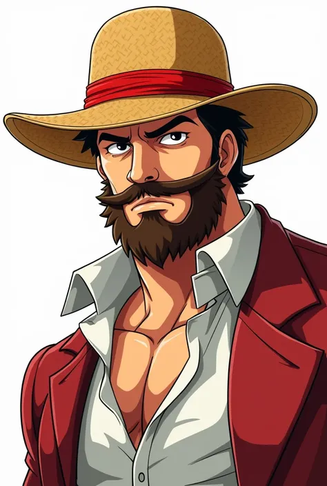 Créer moi une illustration d’Un homme au style cartoon : il est brun, porte une barbe bien dessinée, et a une carrure imposante. Il porte un chapeau de paille inspiré de One Piece, avec un large bord et un ruban rouge autour. Son expression est déterminée ...